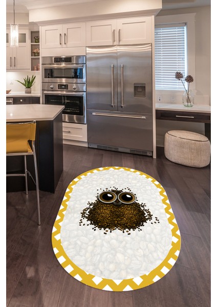 Dijital Baskılı Kaymaz Yıkanabilir Baykuş Desen Oval Mutfak Halısı, N-O-Mutfak-46-Turuncu,