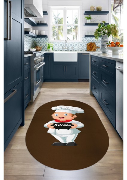 Dijital Baskılı Kaymaz Yıkanabilir Renkli Modern Oval Mutfak Halısı, N-O-Mutfak-05-Kahve,