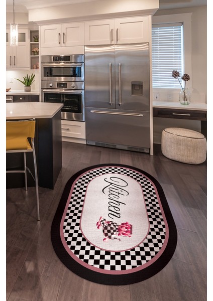 Dijital Baskılı Kaymaz Yıkanabilir Kitchen Yazılı Oval Mutfak Halısı, N-O-Mutfak-48-Pembe,