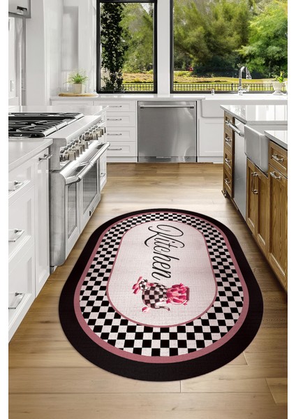 Dijital Baskılı Kaymaz Yıkanabilir Kitchen Yazılı Oval Mutfak Halısı, N-O-Mutfak-48-Pembe, fırsatları