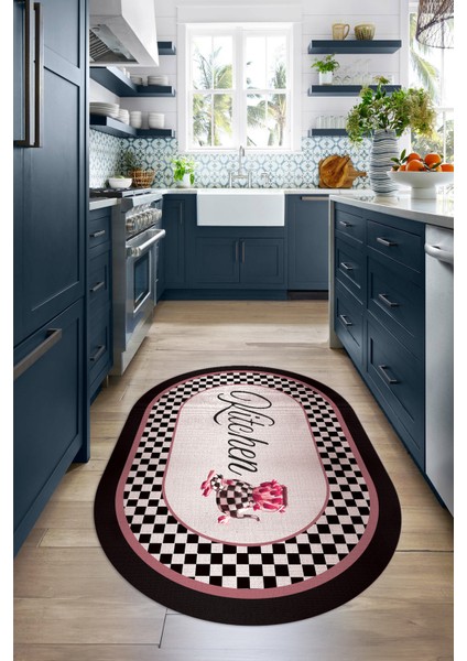 Dijital Baskılı Kaymaz Yıkanabilir Kitchen Yazılı Oval Mutfak Halısı, N-O-Mutfak-48-Pembe, indirimleri