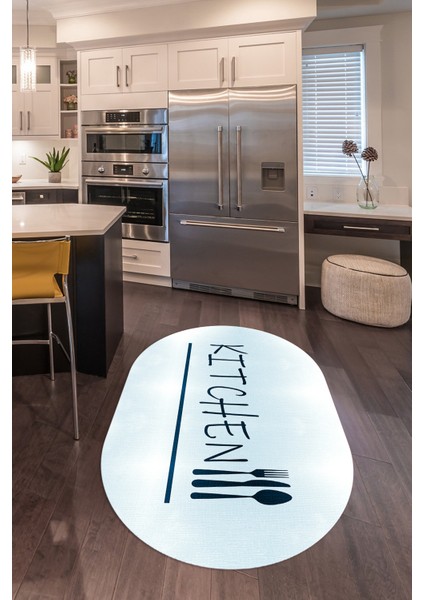 Dijital Baskılı Kaymaz Yıkanabilir Kitchen Yazılı Oval Mutfak Halısı, N-O-Mutfak-49-Mavi,