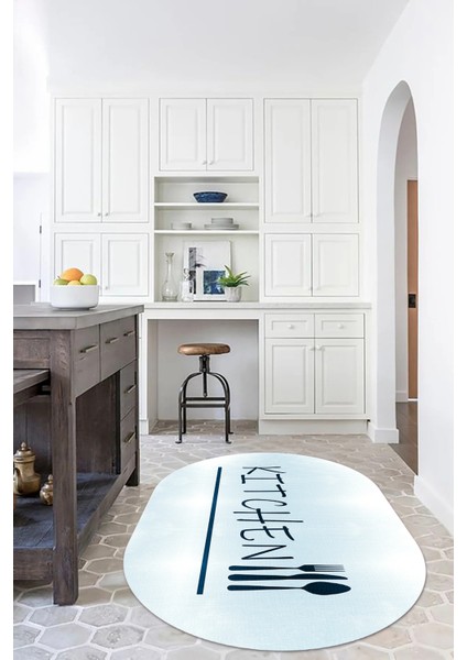 Dijital Baskılı Kaymaz Yıkanabilir Kitchen Yazılı Oval Mutfak Halısı, N-O-Mutfak-49-Mavi, fiyatları