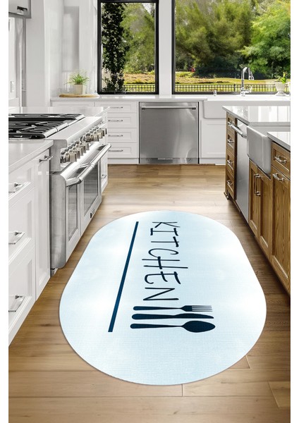 Dijital Baskılı Kaymaz Yıkanabilir Kitchen Yazılı Oval Mutfak Halısı, N-O-Mutfak-49-Mavi, fırsatları