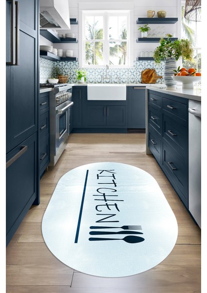 Dijital Baskılı Kaymaz Yıkanabilir Kitchen Yazılı Oval Mutfak Halısı, N-O-Mutfak-49-Mavi, indirimleri