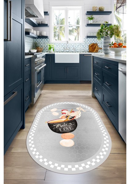Dijital Baskılı Kaymaz Yıkanabilir Renkli Modern Oval Mutfak Halısı, N-O-Mutfak-08-Gri,