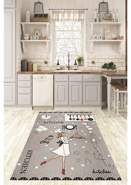 Dijital Baskılı Kaymaz Taban Yıkanabilir Renkli Modern Mutfak Halısı, N-Mutfak-03-Gri,