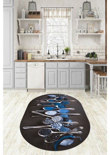 3D Dijital Baskılı Kaymaz Yıkanabilir Renkli Modern Oval Mutfak Halısı, N-O-Mutfak-33-Mavi, indirimleri