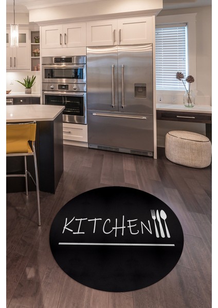 Dijital Baskılı Kaymaz Yıkanabilir Kitchen Yazılı Yuvarlak Mutfak Halısı, N-Y-Mutfak-49-Siyah,