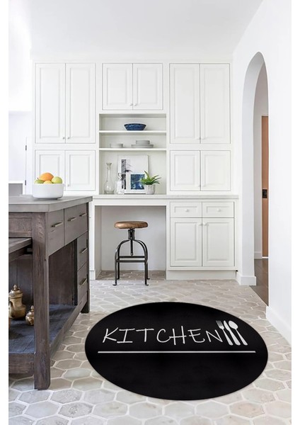 Dijital Baskılı Kaymaz Yıkanabilir Kitchen Yazılı Yuvarlak Mutfak Halısı, N-Y-Mutfak-49-Siyah,