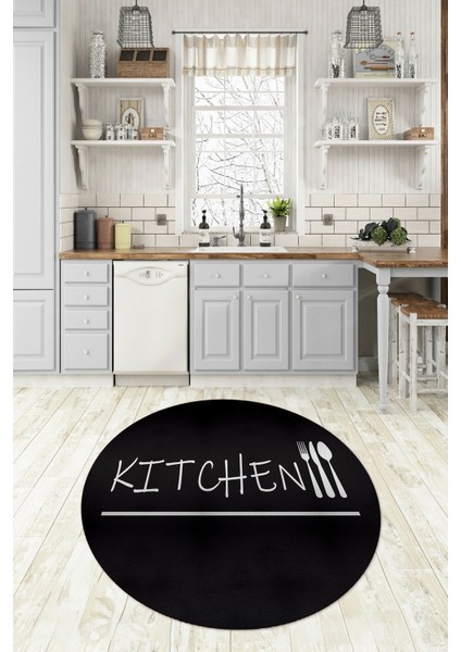Dijital Baskılı Kaymaz Yıkanabilir Kitchen Yazılı Yuvarlak Mutfak Halısı, N-Y-Mutfak-49-Siyah,