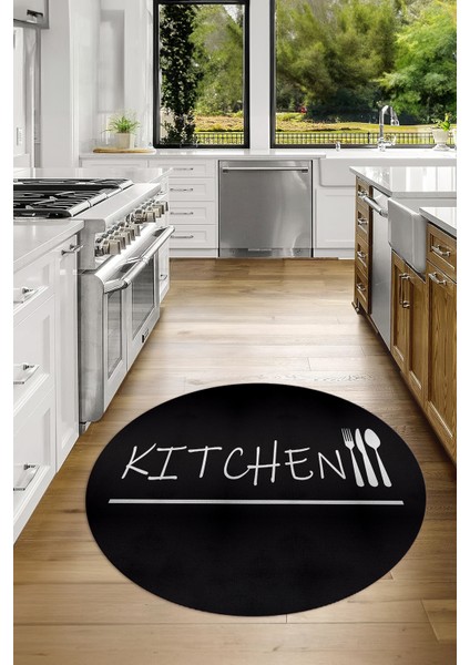 Dijital Baskılı Kaymaz Yıkanabilir Kitchen Yazılı Yuvarlak Mutfak Halısı, N-Y-Mutfak-49-Siyah,