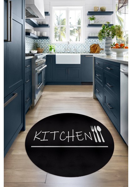 Dijital Baskılı Kaymaz Yıkanabilir Kitchen Yazılı Yuvarlak Mutfak Halısı, N-Y-Mutfak-49-Siyah,