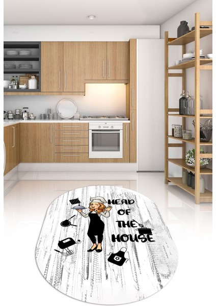 Dijital Baskılı Kaymaz Yıkanabilir Renkli Modern Oval Mutfak Halısı, N-O-Mutfak-39-Beyaz,