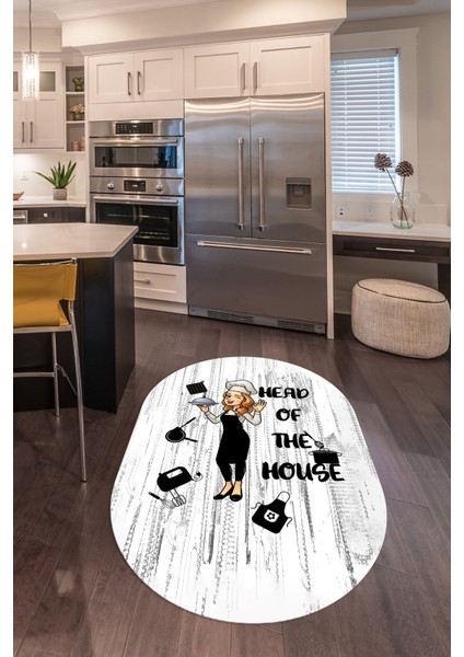 Dijital Baskılı Kaymaz Yıkanabilir Renkli Modern Oval Mutfak Halısı, N-O-Mutfak-39-Beyaz,