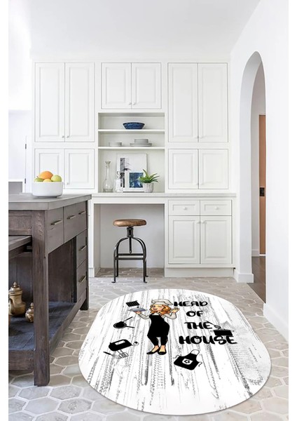 Dijital Baskılı Kaymaz Yıkanabilir Renkli Modern Oval Mutfak Halısı, N-O-Mutfak-39-Beyaz,