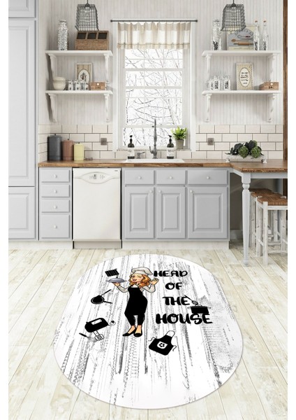 Dijital Baskılı Kaymaz Yıkanabilir Renkli Modern Oval Mutfak Halısı, N-O-Mutfak-39-Beyaz,