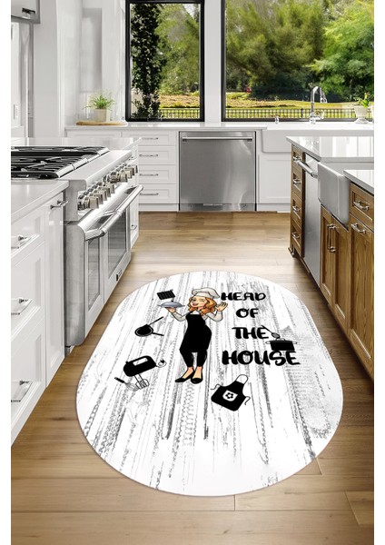Dijital Baskılı Kaymaz Yıkanabilir Renkli Modern Oval Mutfak Halısı, N-O-Mutfak-39-Beyaz,