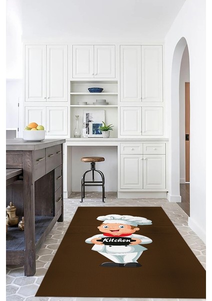 Dijital Baskılı Kaymaz Taban Yıkanabilir Renkli Modern Mutfak Halısı, N-Mutfak-05-Kahve,