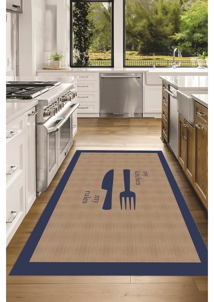 Dijital Baskılı Kaymaz Taban Yıkanabilir Kitchen Yazılı Mutfak Halısı, N-Mutfak-09-Mavi, fiyatları