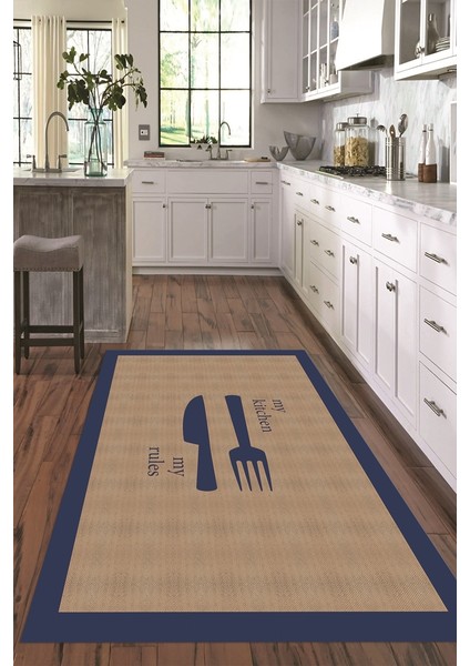 Dijital Baskılı Kaymaz Taban Yıkanabilir Kitchen Yazılı Mutfak Halısı, N-Mutfak-09-Mavi, fırsatları