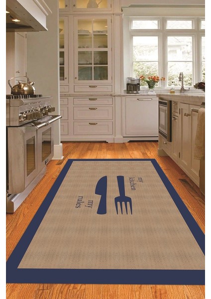 Dijital Baskılı Kaymaz Taban Yıkanabilir Kitchen Yazılı Mutfak Halısı, N-Mutfak-09-Mavi, indirimleri