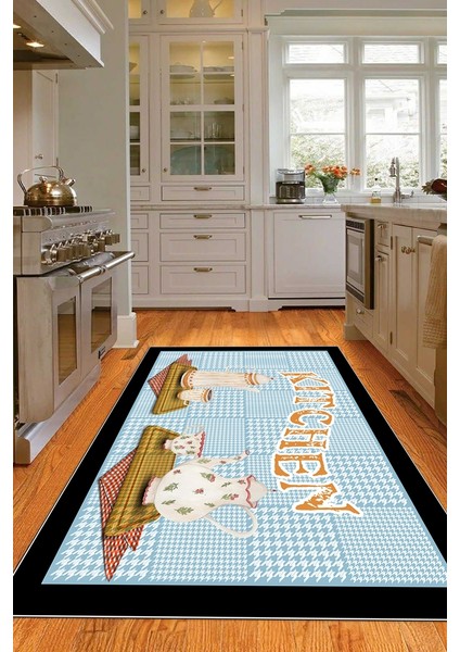 Dijital Baskılı Kaymaz Taban Yıkanabilir Kitchen Yazılı Mutfak Halısı, N-Mutfak-18-Mavi, fırsatları