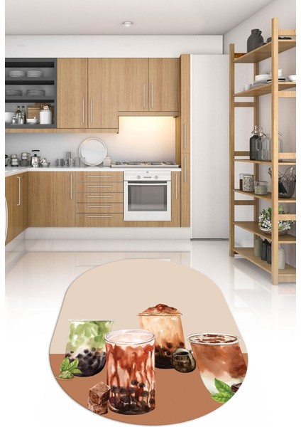 3D Dijital Baskılı Kaymaz Yıkanabilir Renkli Modern Oval Mutfak Halısı, N-O-Mutfak-37-Kahve,