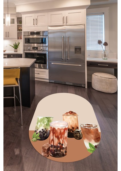 3D Dijital Baskılı Kaymaz Yıkanabilir Renkli Modern Oval Mutfak Halısı, N-O-Mutfak-37-Kahve, fiyatları