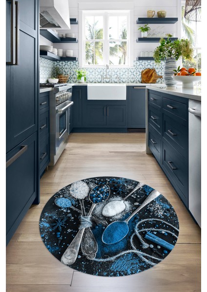 3D Dijital Baskılı Kaymaz Yıkanabilir Renkli Modern Yuvarlak Mutfak Halısı, N-Y-Mutfak-19-Mavi,