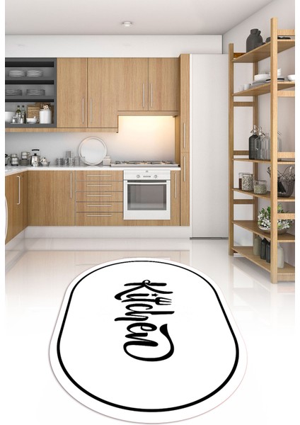 Dijital Baskılı Kaymaz Yıkanabilir Kitchen Yazılı Oval Mutfak Halısı, N-O-Mutfak-42-Beyaz,