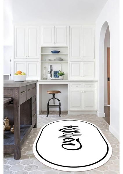Dijital Baskılı Kaymaz Yıkanabilir Kitchen Yazılı Oval Mutfak Halısı, N-O-Mutfak-42-Beyaz, modelleri
