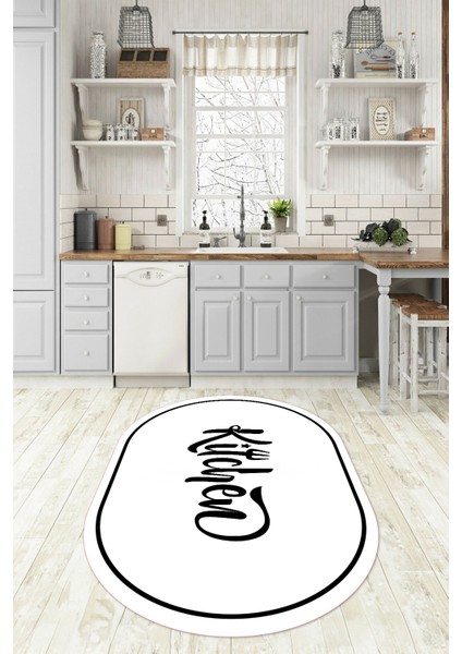 Dijital Baskılı Kaymaz Yıkanabilir Kitchen Yazılı Oval Mutfak Halısı, N-O-Mutfak-42-Beyaz, fırsatları