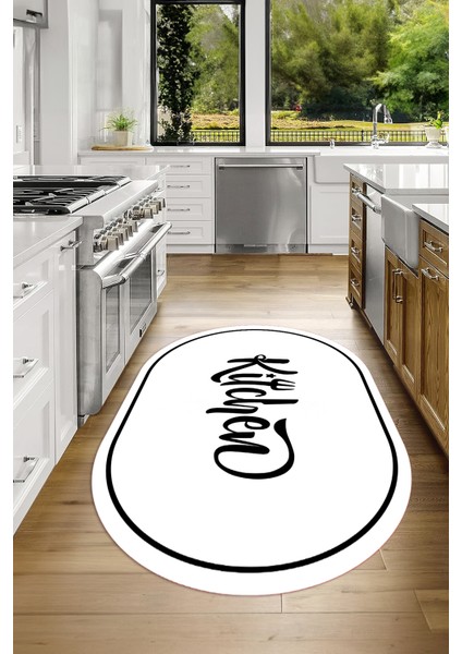 Dijital Baskılı Kaymaz Yıkanabilir Kitchen Yazılı Oval Mutfak Halısı, N-O-Mutfak-42-Beyaz, indirimleri
