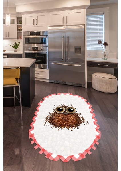 Dijital Baskılı Kaymaz Yıkanabilir Baykuş Desen Oval Mutfak Halısı, N-O-Mutfak-46-Pembe,