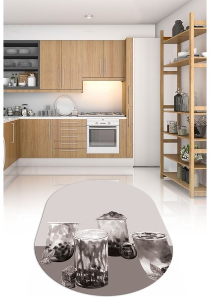 3D Dijital Baskılı Kaymaz Yıkanabilir Renkli Modern Oval Mutfak Halısı, N-O-Mutfak-37-Vizon,