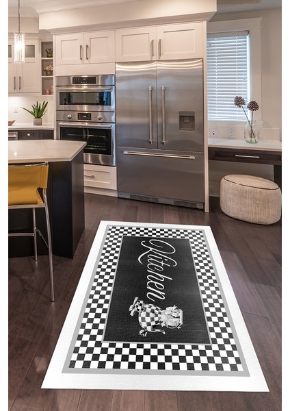 Dijital Baskılı Kaymaz Taban Yıkanabilir Kitchen Yazılı Mutfak Halısı, N-Mutfak-48-Antrasit,
