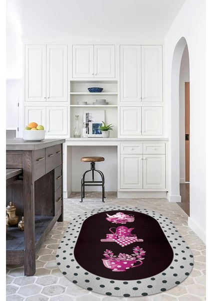 Dijital Baskılı Kaymaz Yıkanabilir Renkli Modern Oval Mutfak Halısı, N-O-Mutfak-01-Pembe,
