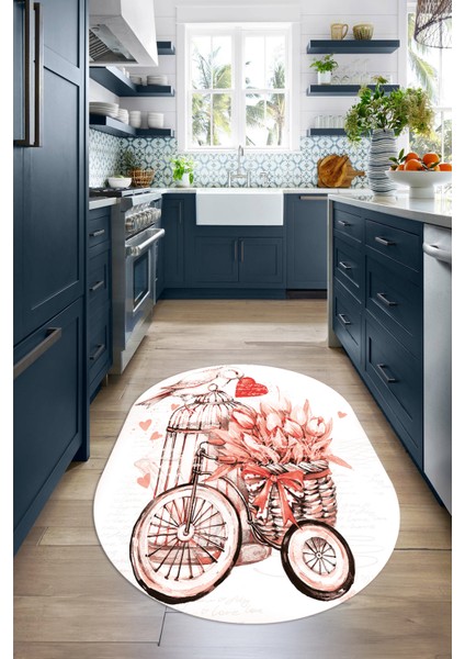 Dijital Baskılı Kaymaz Yıkanabilir Renkli Modern Oval Mutfak Halısı, N-O-Mutfak-21-Kırmızı,