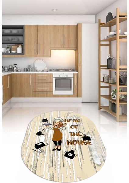 Dijital Baskılı Kaymaz Yıkanabilir Renkli Modern Oval Mutfak Halısı, N-O-Mutfak-39-Kahve,