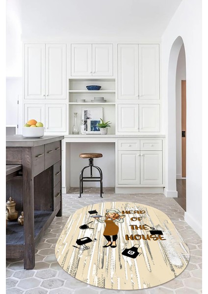Dijital Baskılı Kaymaz Yıkanabilir Renkli Modern Oval Mutfak Halısı, N-O-Mutfak-39-Kahve,