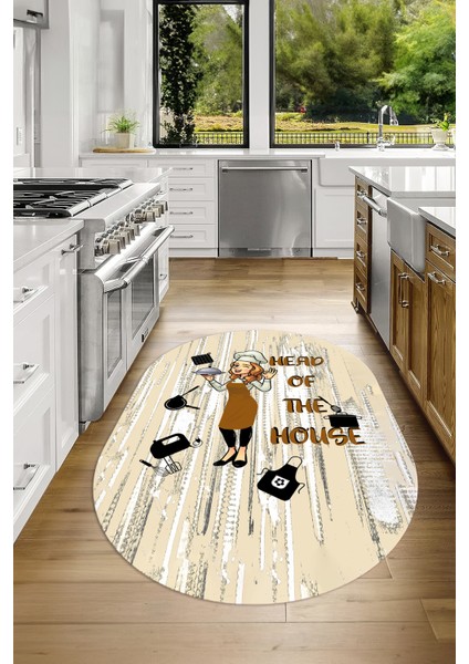 Dijital Baskılı Kaymaz Yıkanabilir Renkli Modern Oval Mutfak Halısı, N-O-Mutfak-39-Kahve,