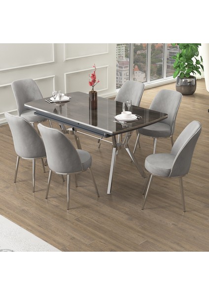 Poy Serisi 89X150 Açılabilir Lak Panel Antrasit Ironi Masa Takımı 6 Antrasit Sandalye