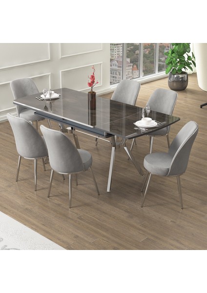Poy Serisi 89X150 Açılabilir Lak Panel Antrasit Ironi Masa Takımı 6 Antrasit Sandalye