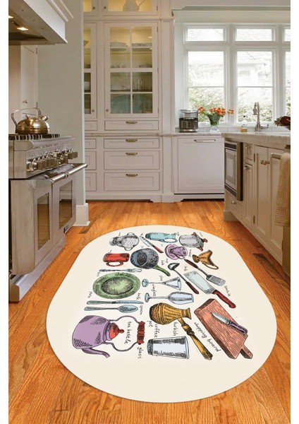 3D Dijital Baskılı Kaymaz Yıkanabilir Renkli Modern Oval Mutfak Halısı, N-O-Mutfak-35-Renkli,