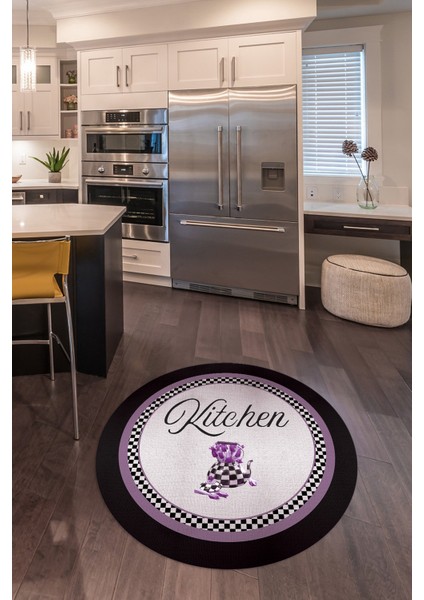 Dijital Baskılı Kaymaz Yıkanabilir Kitchen Yazılı Yuvarlak Mutfak Halısı, N-Y-Mutfak-48-Mor,