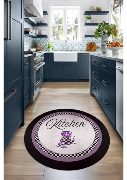 Dijital Baskılı Kaymaz Yıkanabilir Kitchen Yazılı Yuvarlak Mutfak Halısı, N-Y-Mutfak-48-Mor, indirimleri