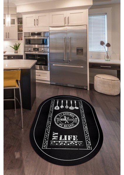 Dijital Baskılı Kaymaz Yıkanabilir Renkli Modern Oval Mutfak Halısı, N-O-Mutfak-50-Antrasit,