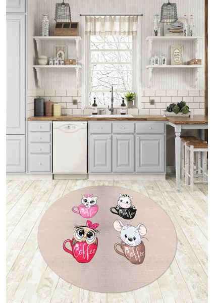 Dijital Baskılı Kaymaz Yıkanabilir Renkli Modern Yuvarlak Mutfak Halısı, N-Y-Mutfak-07-Krem,