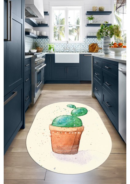 Dijital Baskılı Kaymaz Yıkanabilir Renkli Modern Oval Mutfak Halısı, N-O-Mutfak-20-Krem,
